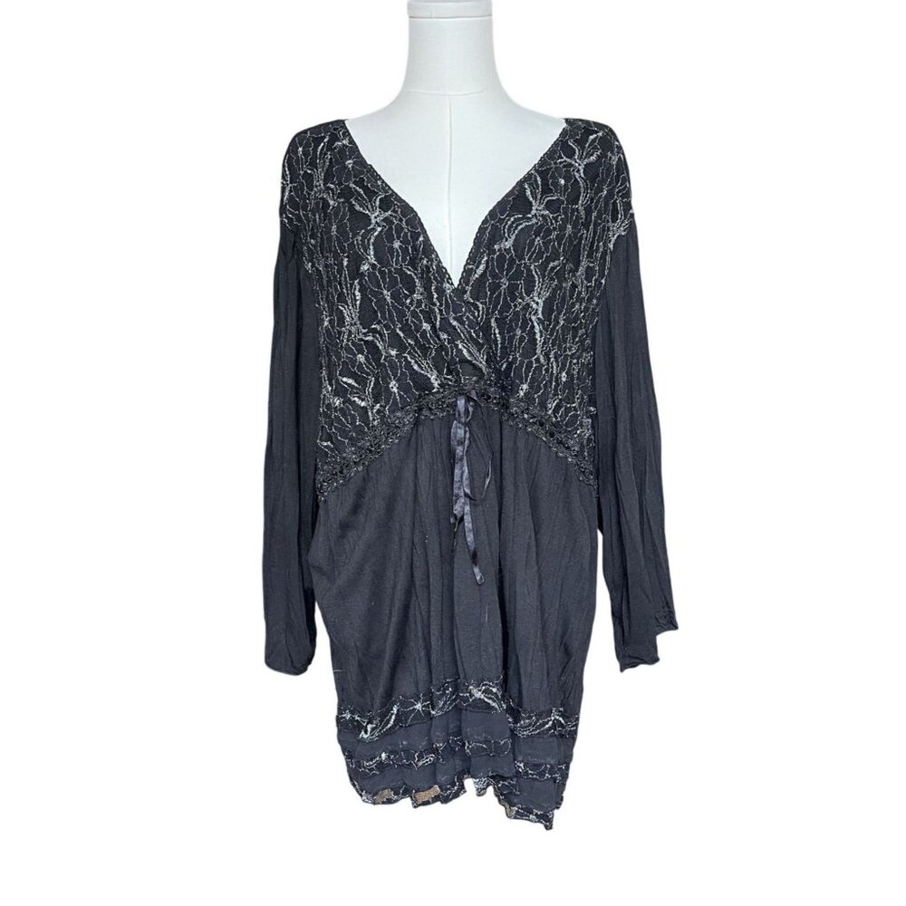 Y2K Babydoll Top Size 26/28 Witchy Whimsigoth Tiered Ruffle Lace Long V Neck